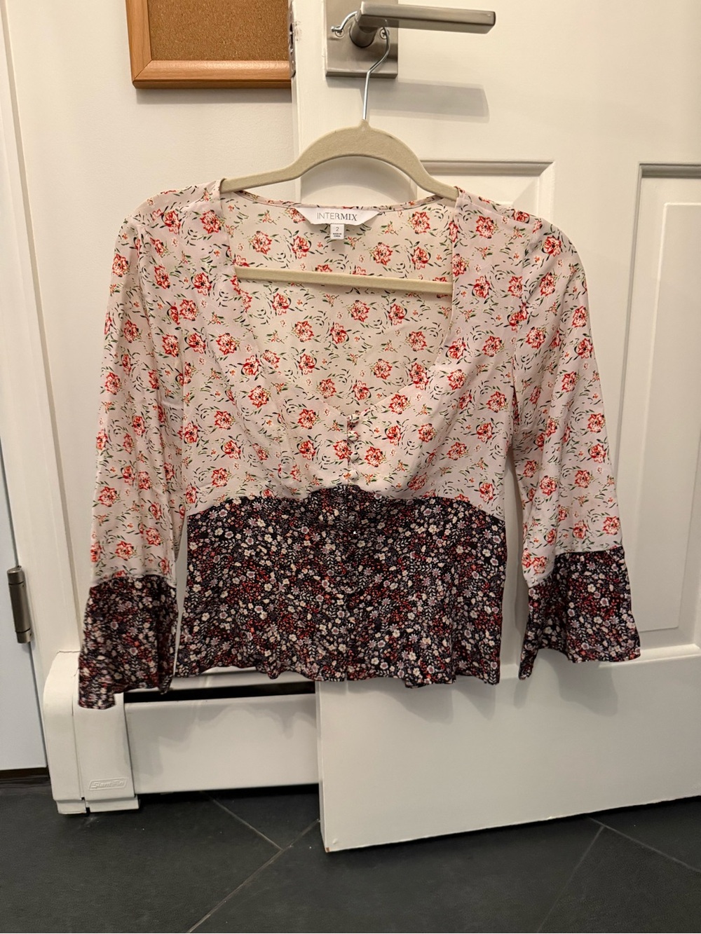 INTERMIX Cream and Burgundy Floral Mixed-Print Peasant Blouse